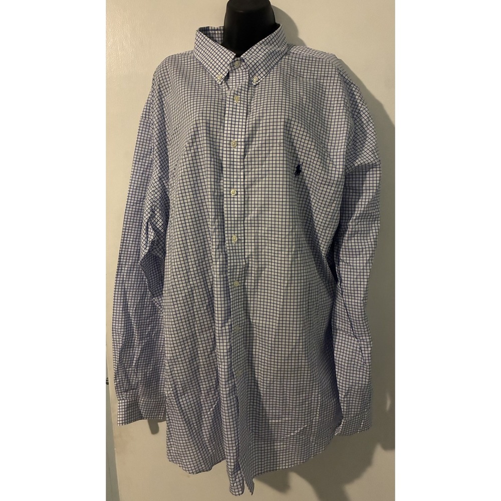 Ralph Lauren 3XLT Blue White Check Long Sleeve Button Up Shirt 100% Cotton
